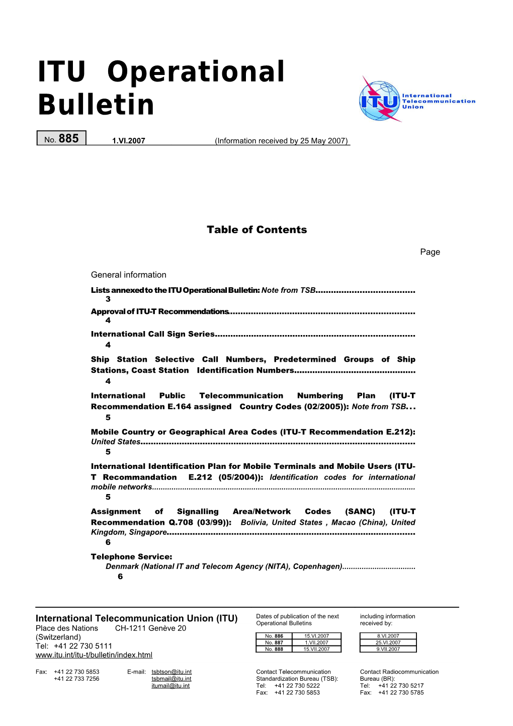ITU Operational Bulletin No.885 Du 15.V.2007