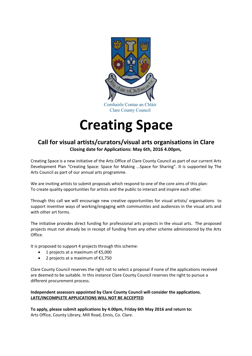 Call for Visual Artists/Curators/Visual Arts Organisations in Clare