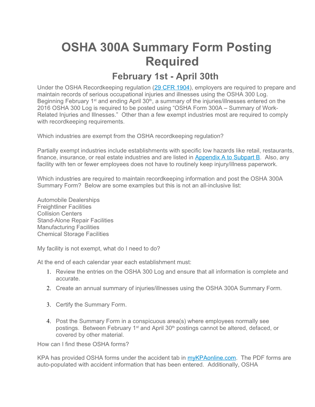 OSHA 300A Summary Form Posting Required
