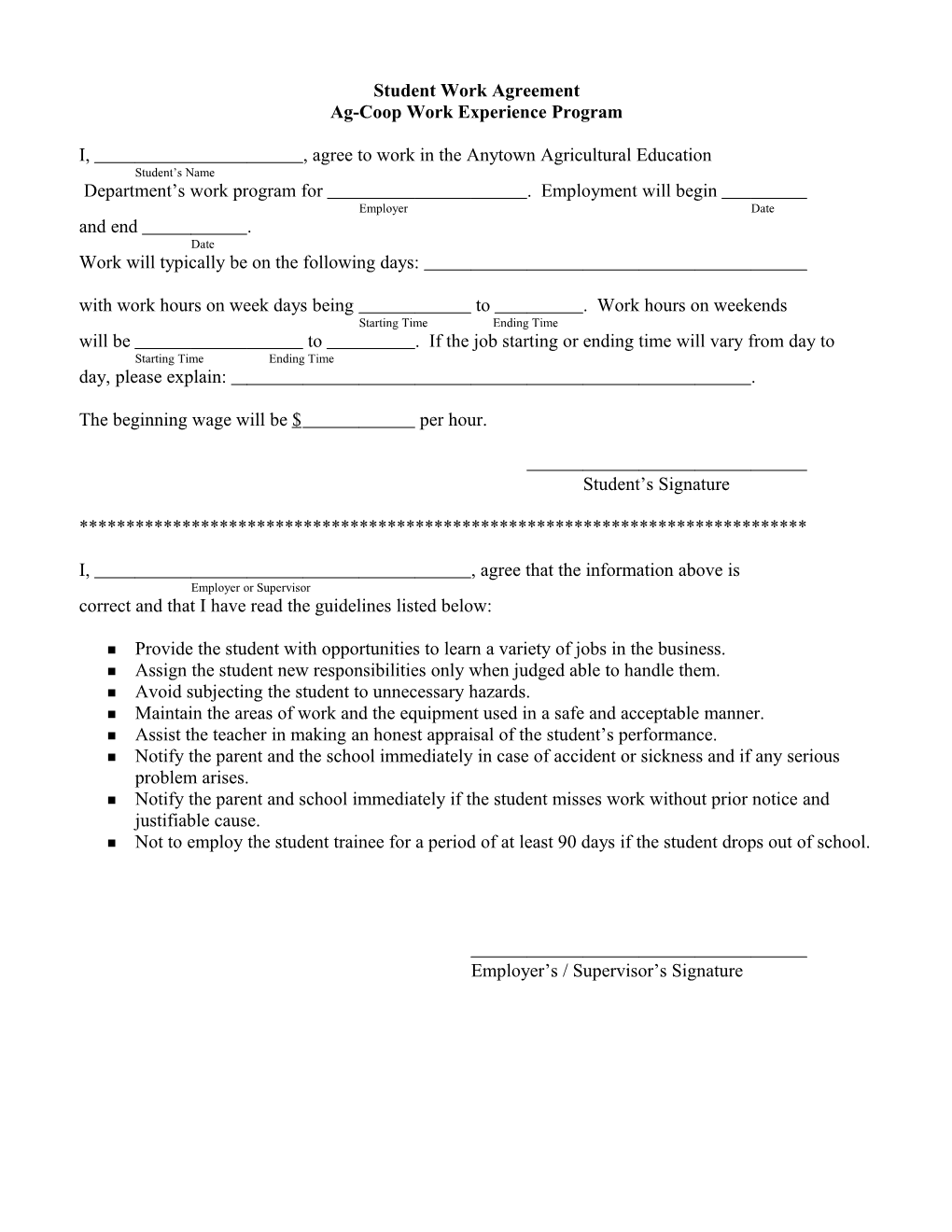 Student Work Agreement