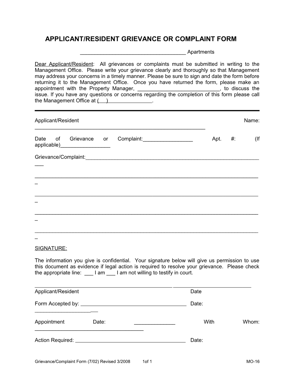 Applicant/Resident Grievance Or Complaint Form