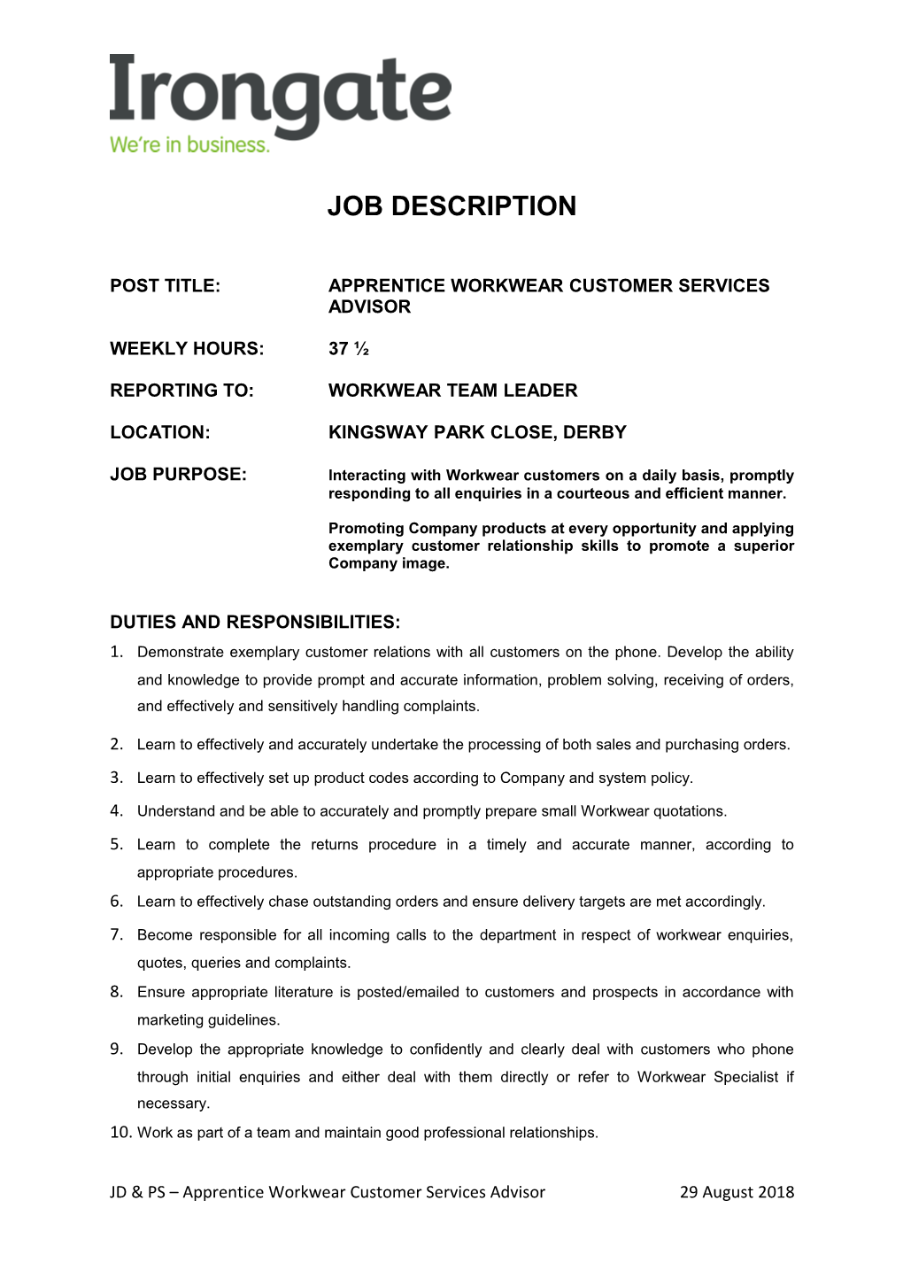 Post Title:Apprentice Workwear Customer Services Advisor