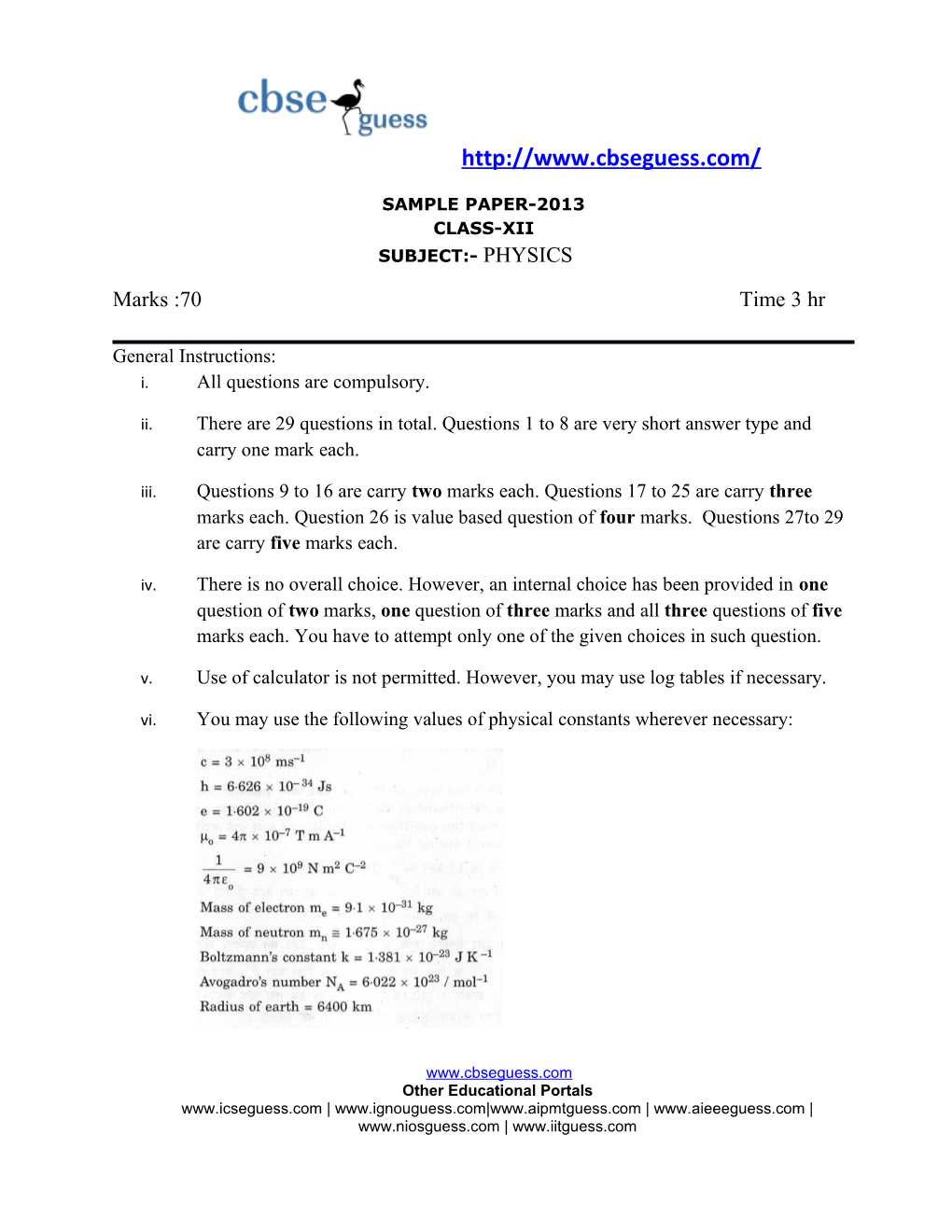Sample Paper-2013 Class-Xii Subject:- Physics