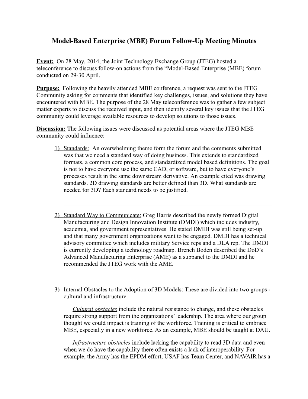 Model-Based Enterprise (MBE) Forum Follow-Up Meeting Minutes