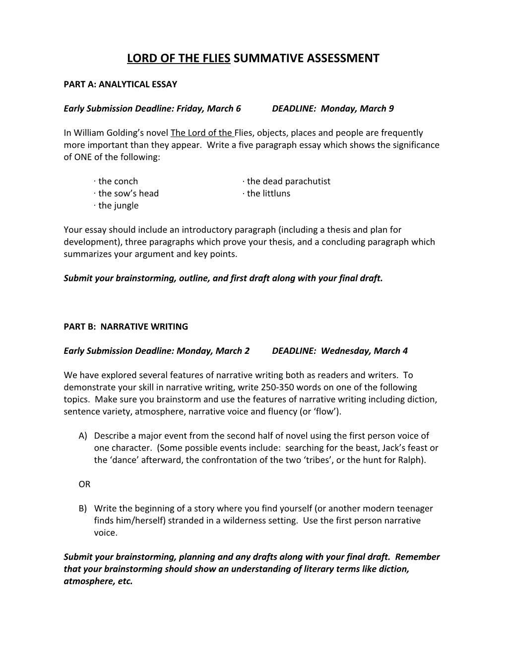 Lord Of The Flies Summative Assessment