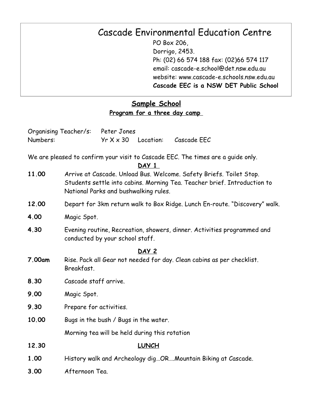 Program for a Three Day Camp