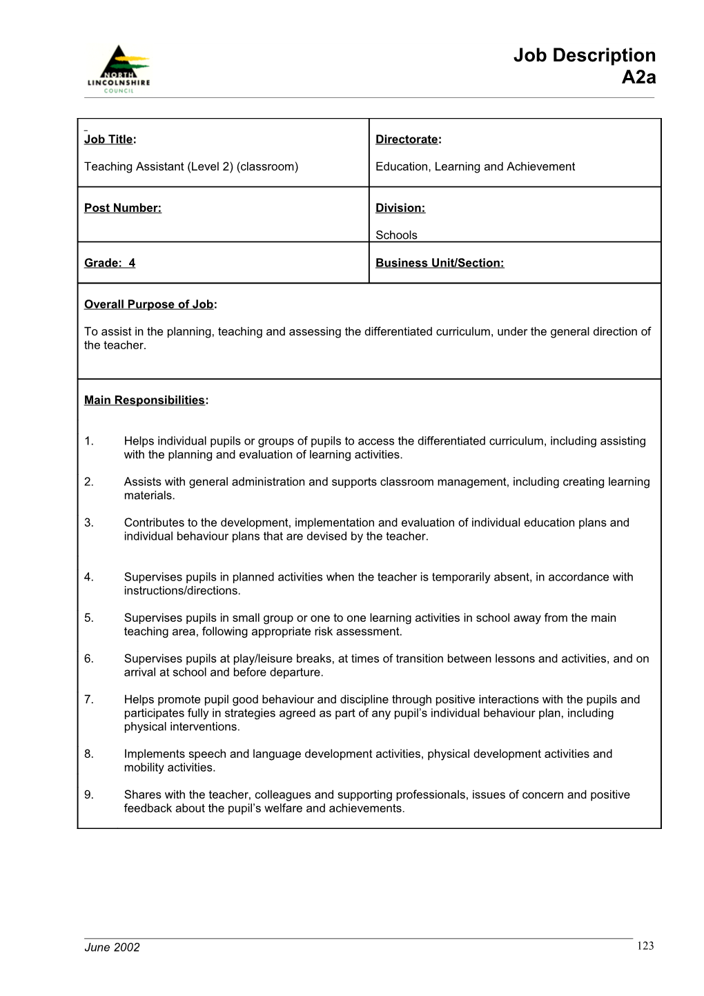 Teaching Assistant (Level 2) (Classroom)