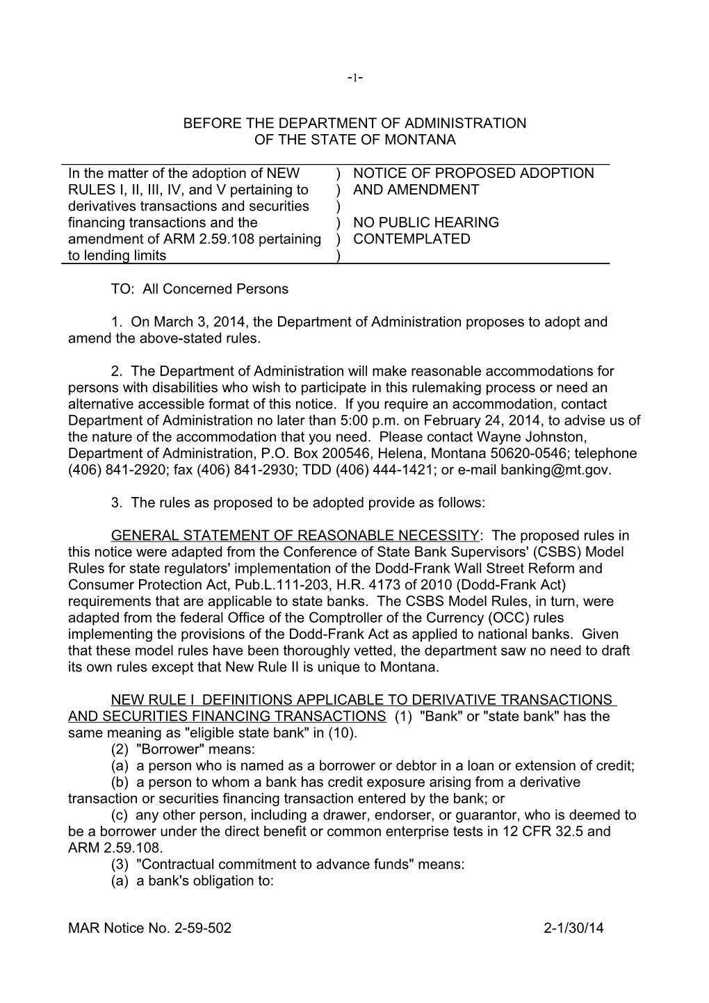 Notice of ARM Proposal with No Public Hearing