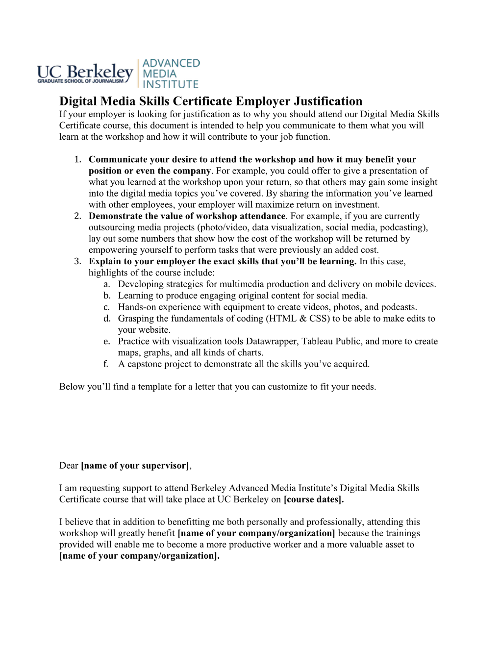 Digital Media Skills Certificate Employer Justification