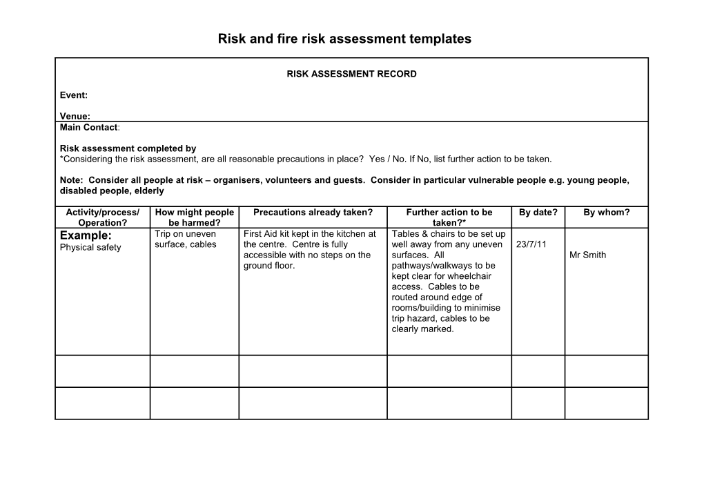 Risk and Fire Risk Assessment Templates