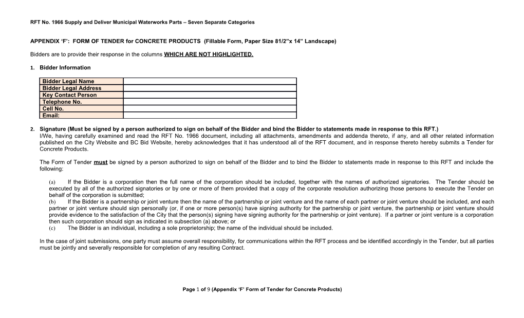 APPENDIX F : FORM of TENDER for CONCRETE PRODUCTS (Fillable Form, Paper Size 81/2 X 14