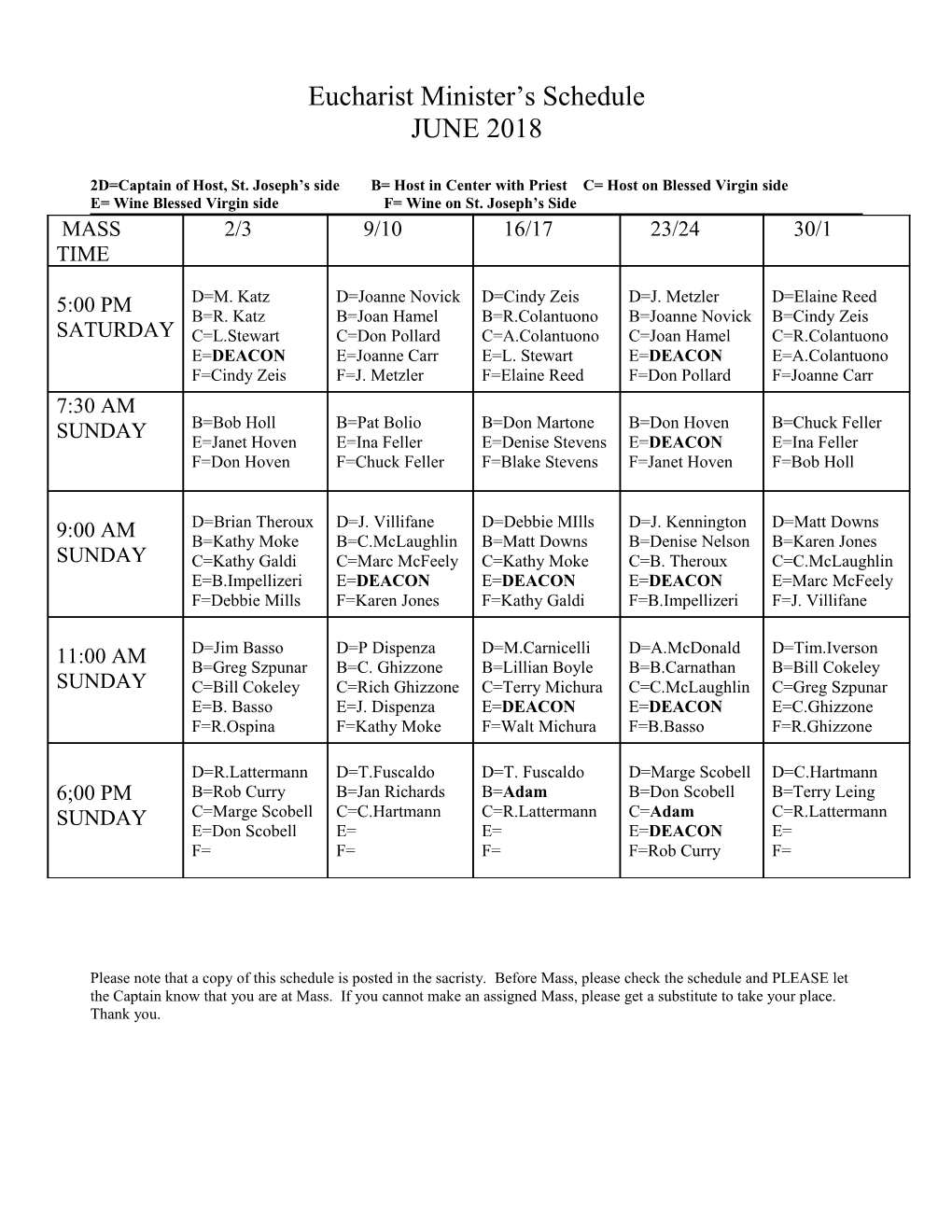 Eucharist Minister S Schedule