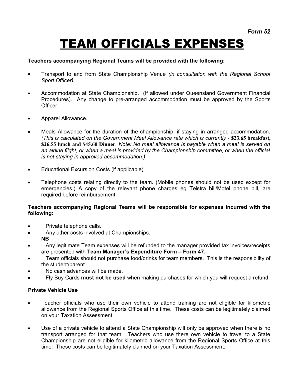 Form 52 - Team Officials Expenses