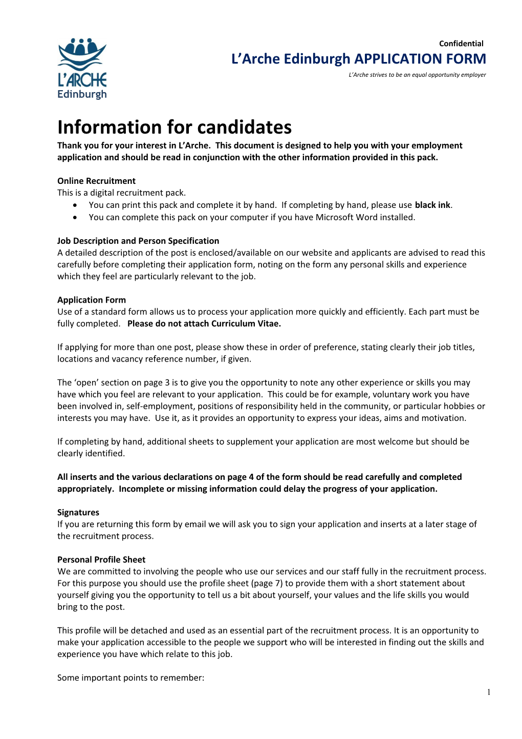 L Arche Edinburgh APPLICATION FORM