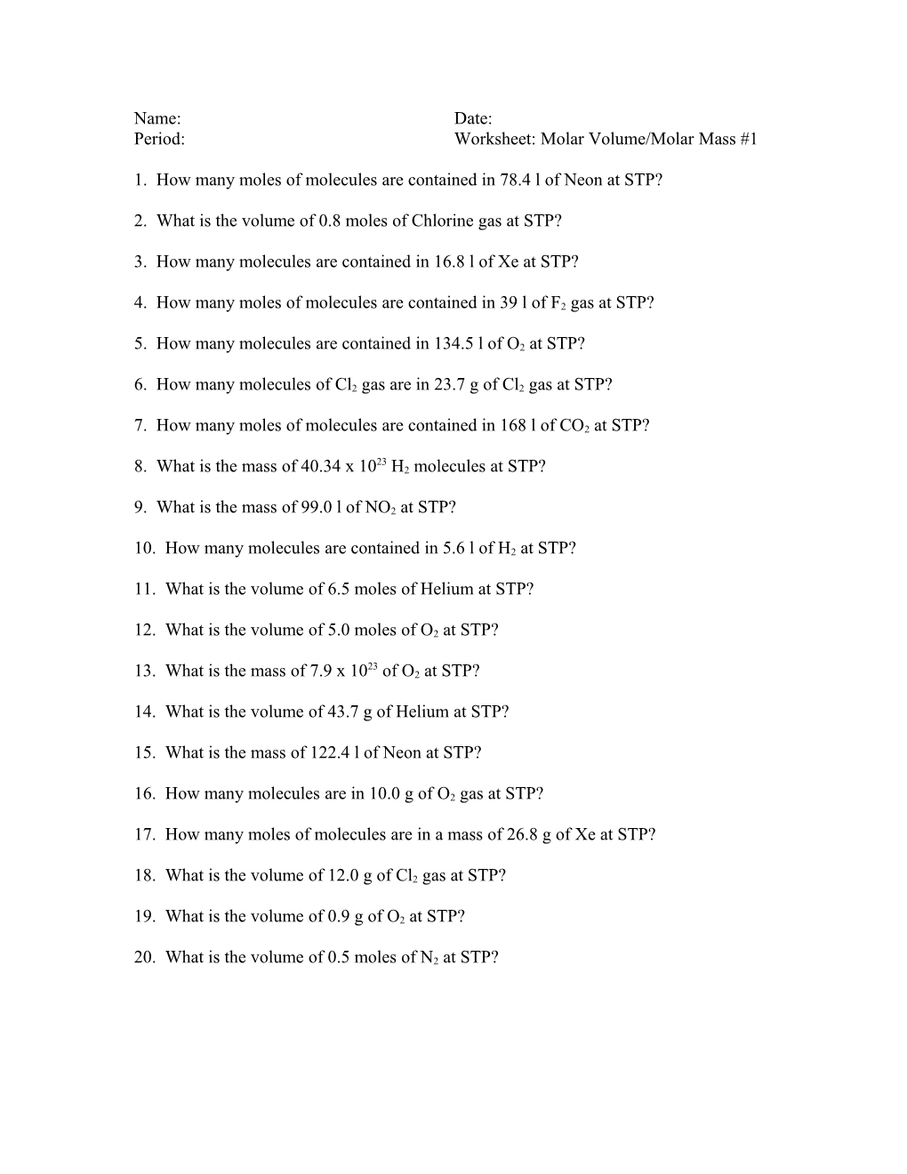 Period: Worksheet: Molar Volume/Molar Mass #1