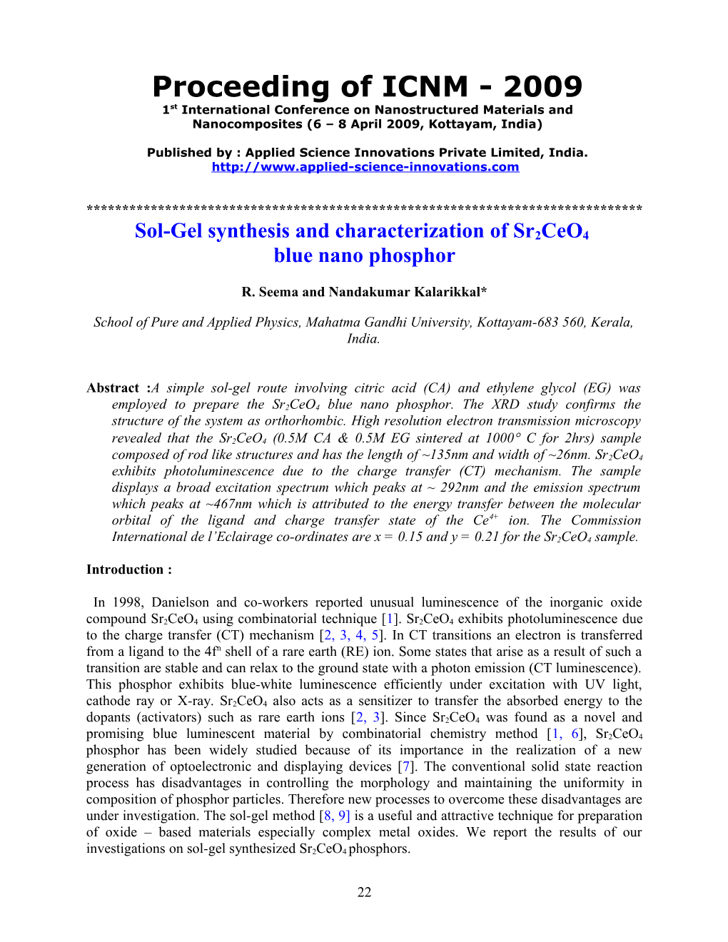Sol-Gel Synthesis and Characterization of Sr2ceo4 Blue Nano Phosphor
