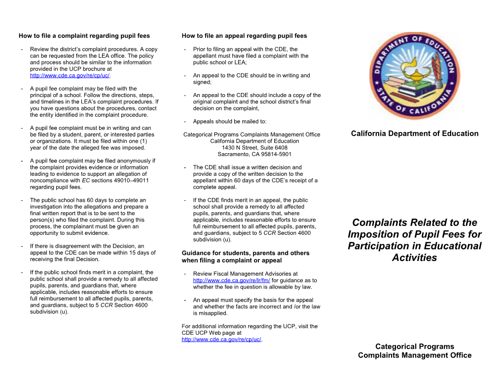 Pupil Fees Brochure - Complaint Procedures (CA Dept of Education)
