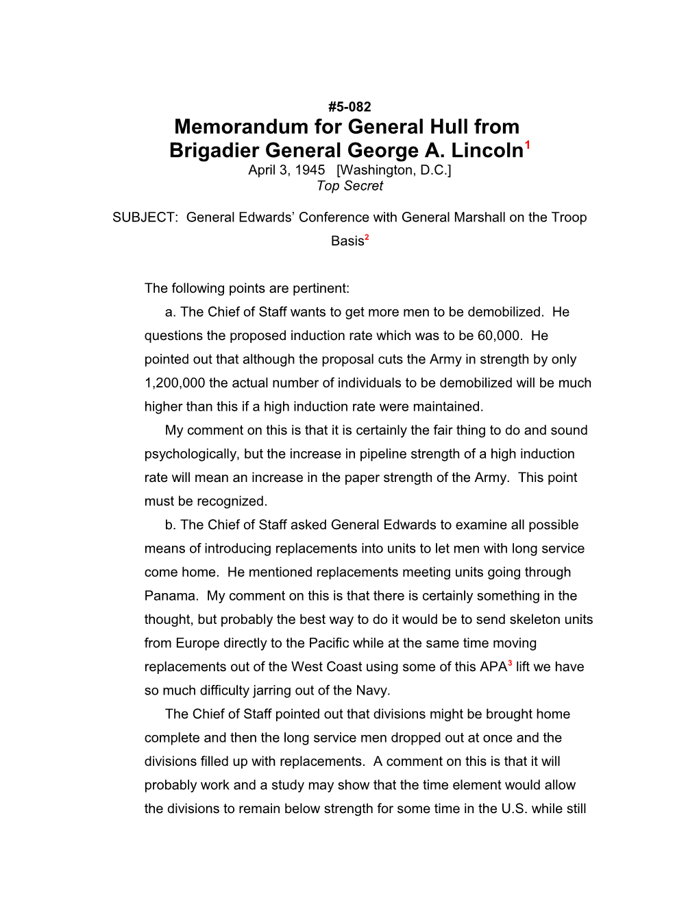 Memorandum for General Hull From