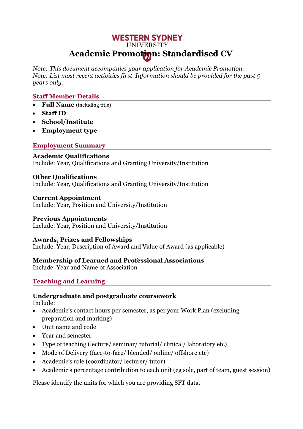 Academic Promotion: Standardised CV