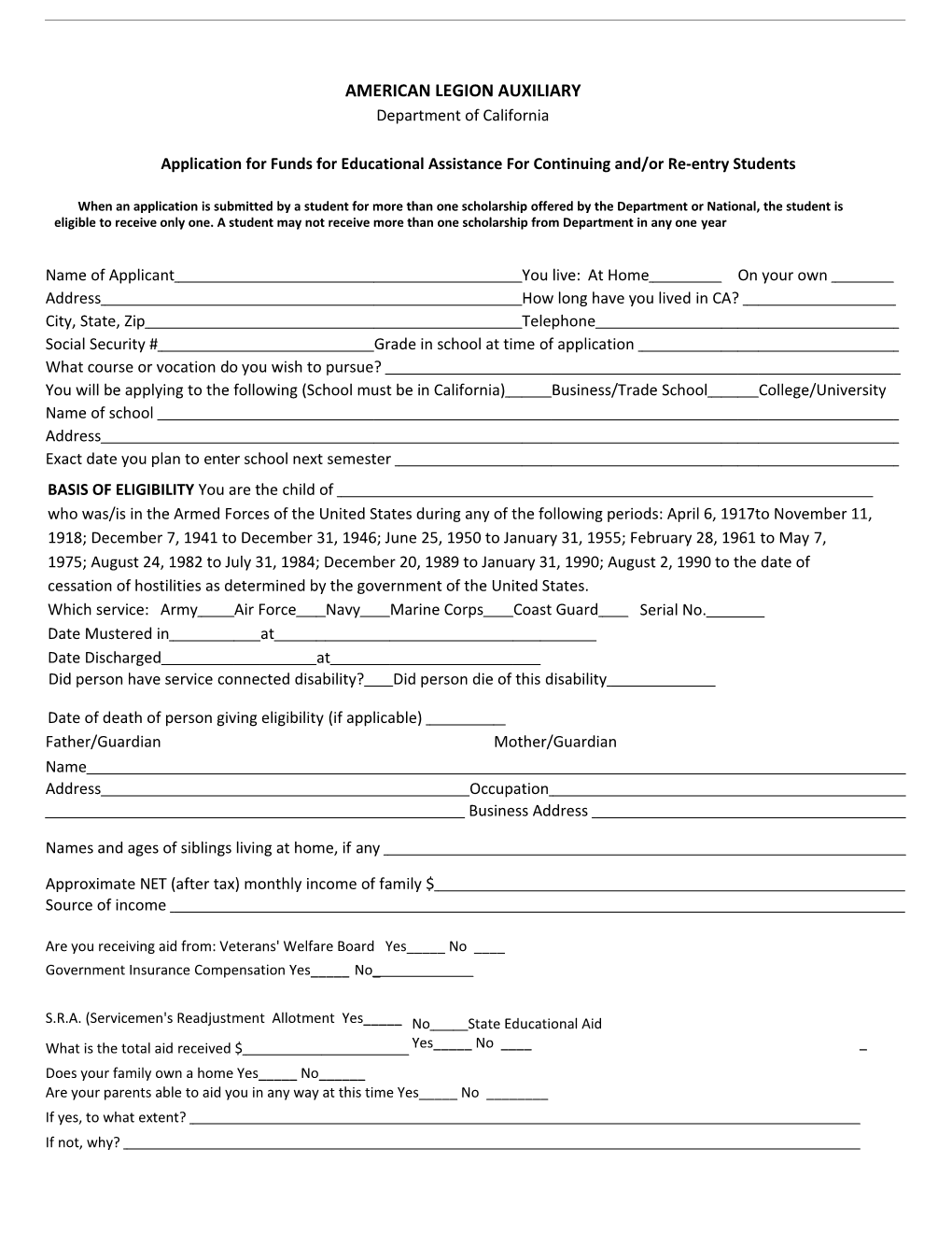 Application for Funds for Educational Assistance for Continuing And/Or Re-Entry Students