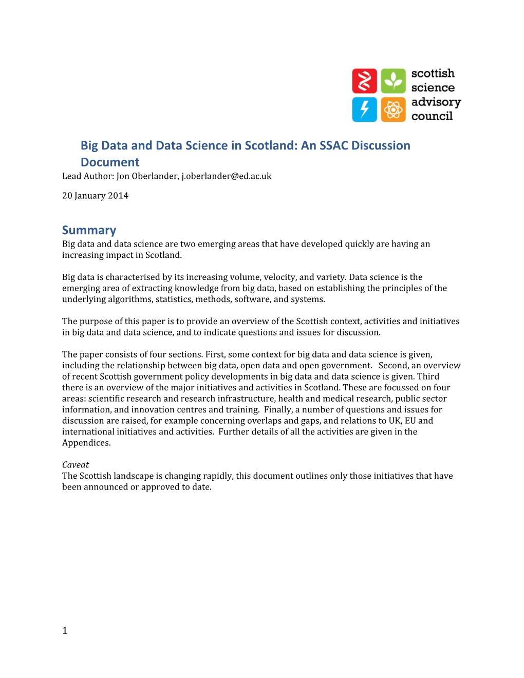 Big Data and Data Science in Scotland: an SSAC Discussion Document