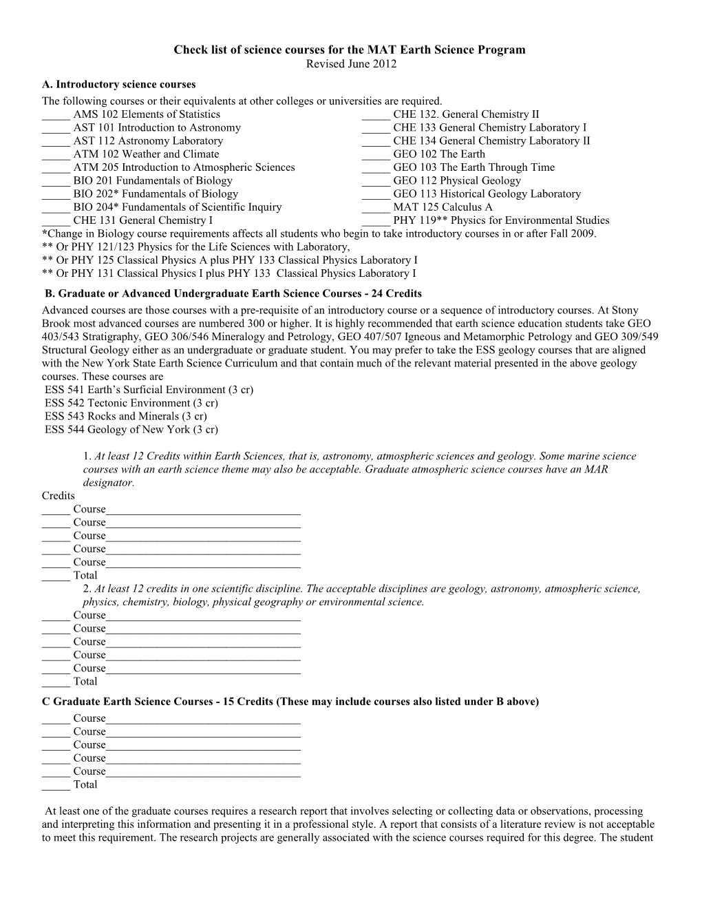 Science Requirements For The Science Education Track - BA ESS