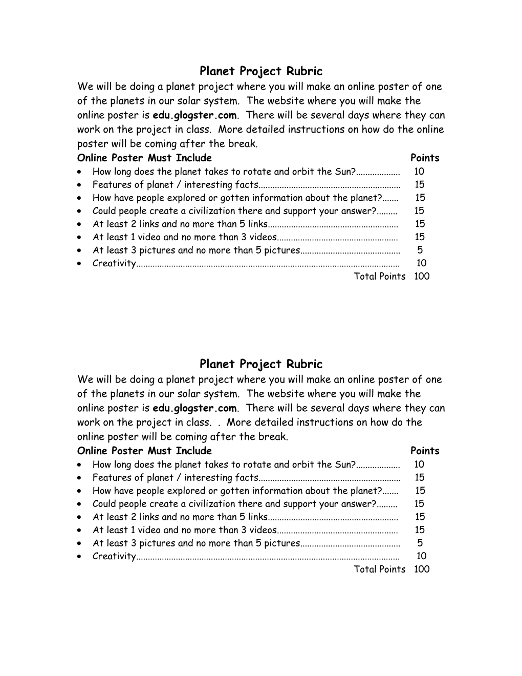 Planet Project Rubric