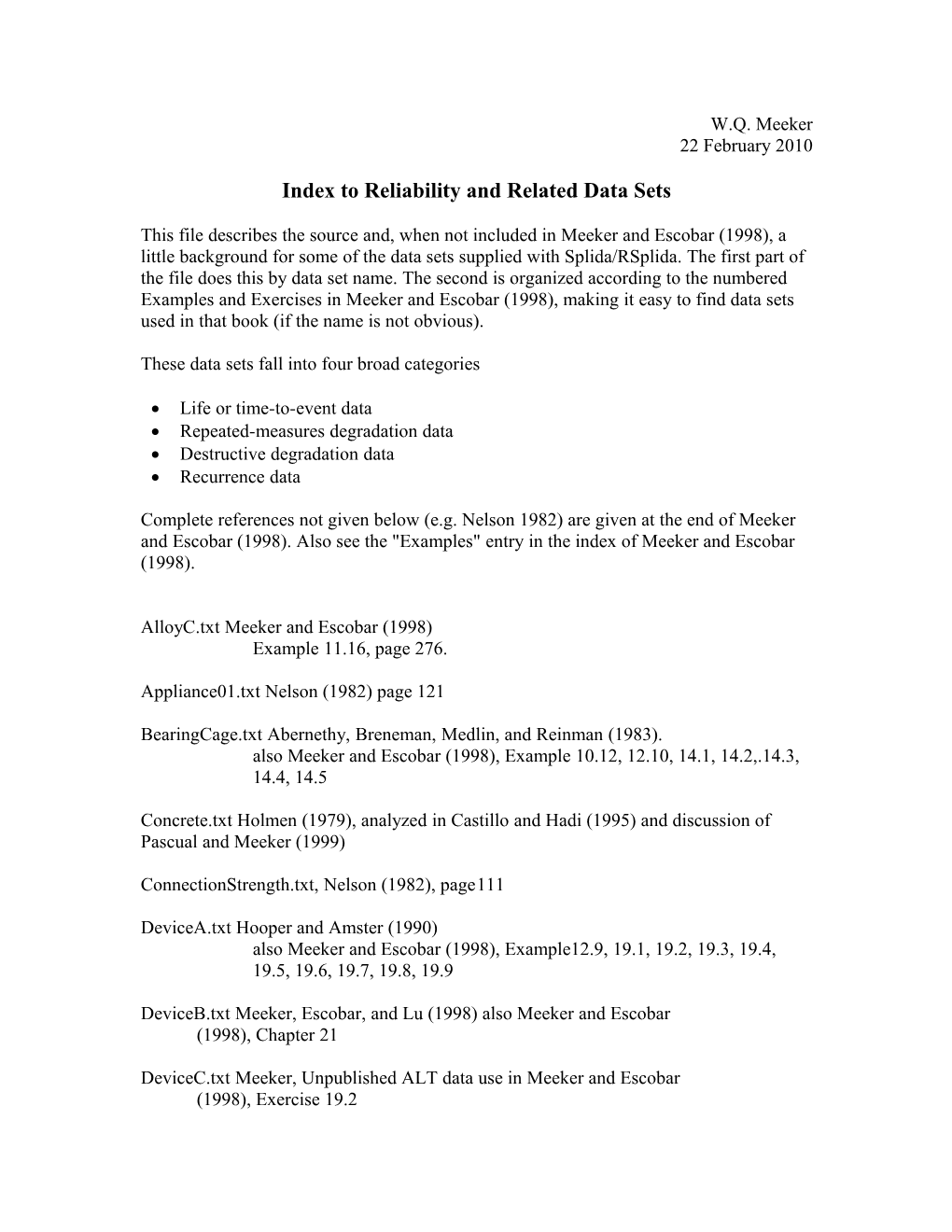 Index to Reliability and Related Data Sets