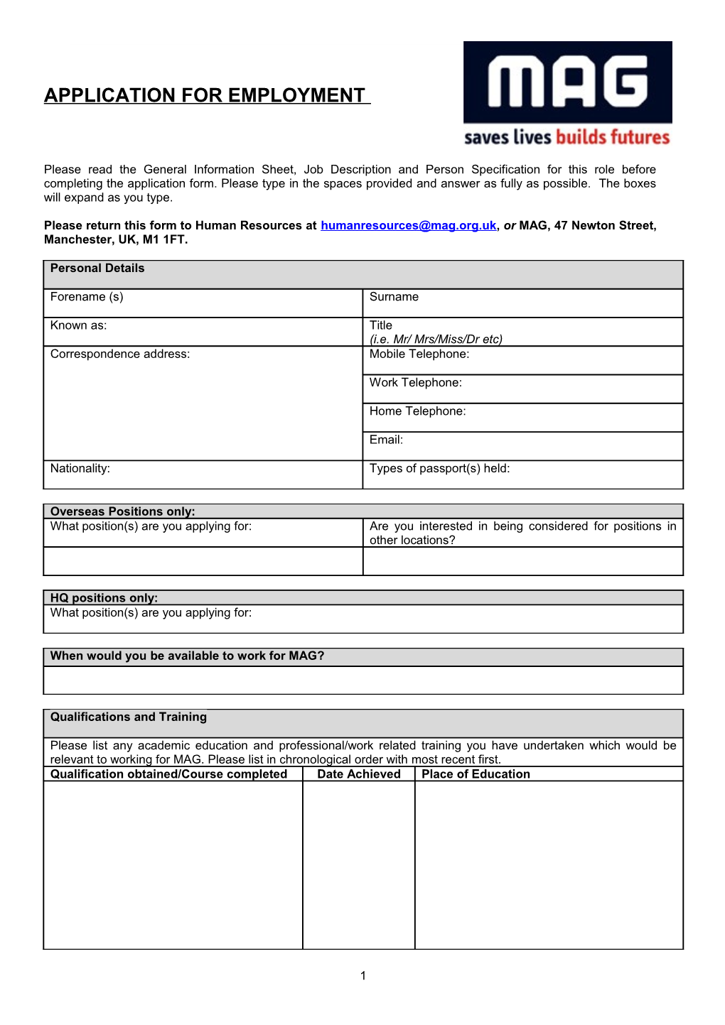 Please Return This Form to Human Resourcesat , Ormag, 47 Newton Street, Manchester, UK