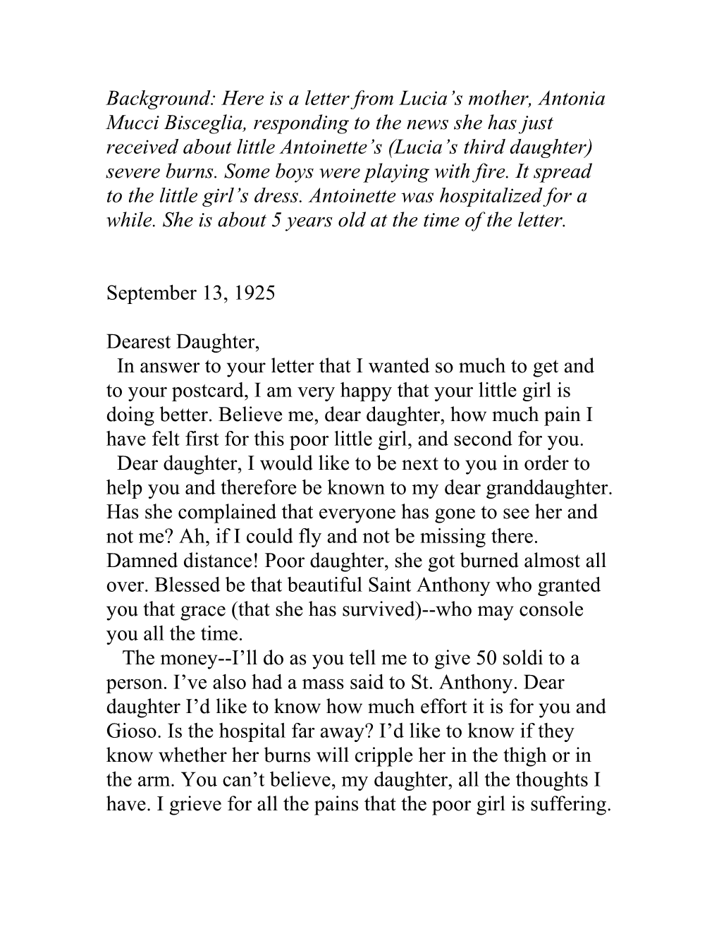 Background: Here Is a Letter from Lucia S Mother, Antonia Mucci Bisceglia, Responding To