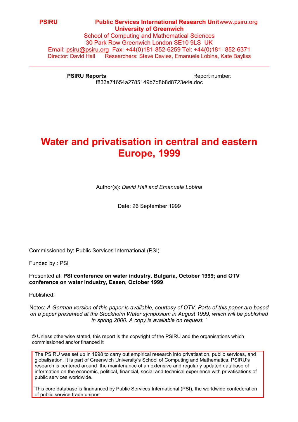 Water and Privatisation in Central and Eastern Europe, 1999