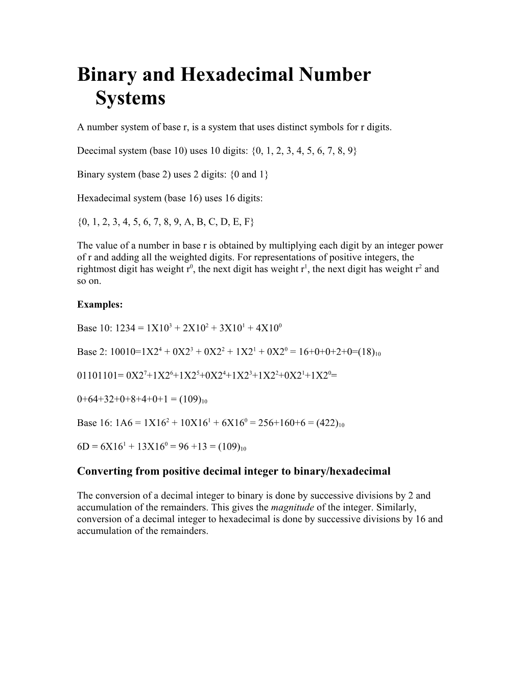 Lecture 4: Binary and Hexadecimal Number Systems