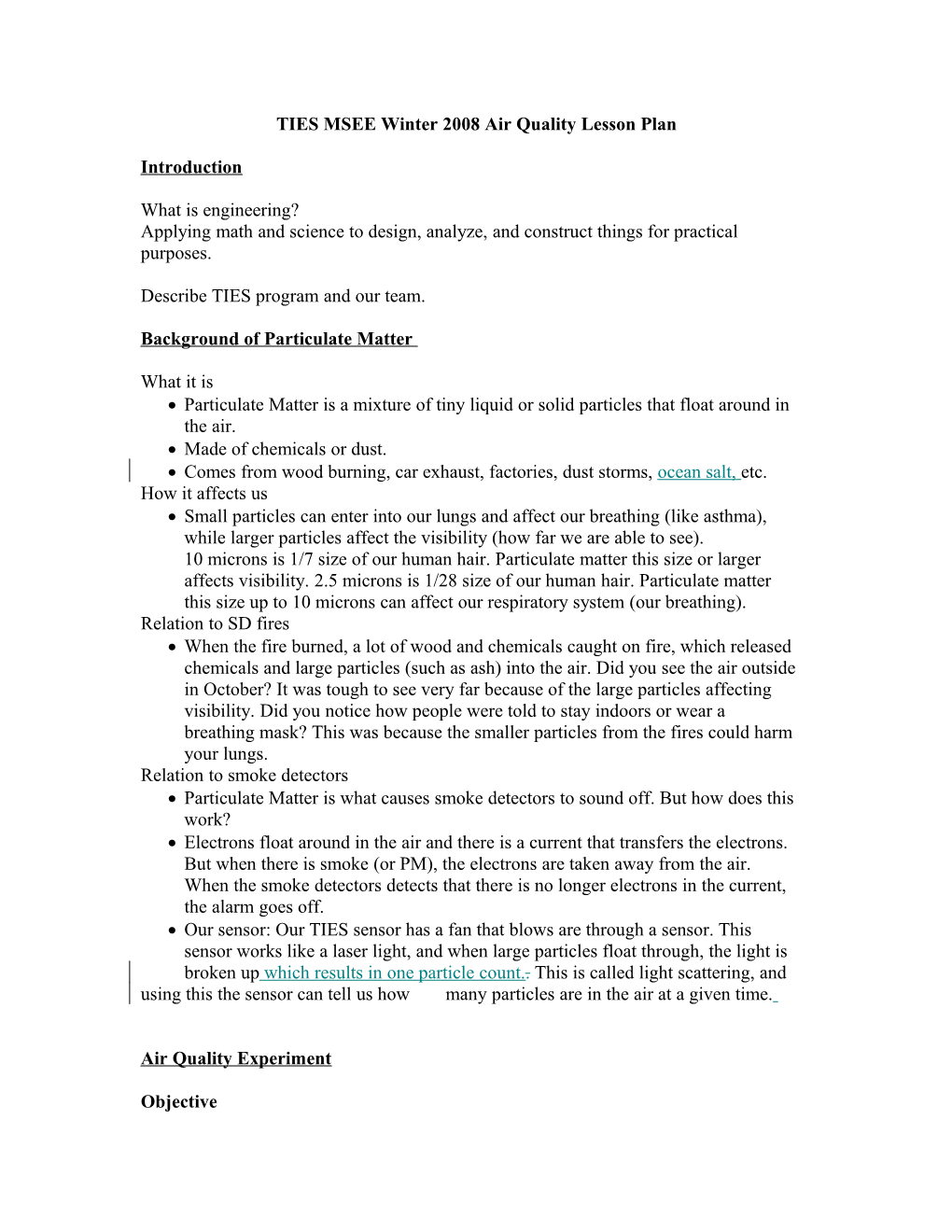 TIES MSEE Winter 2008 Air Quality Lesson Plan