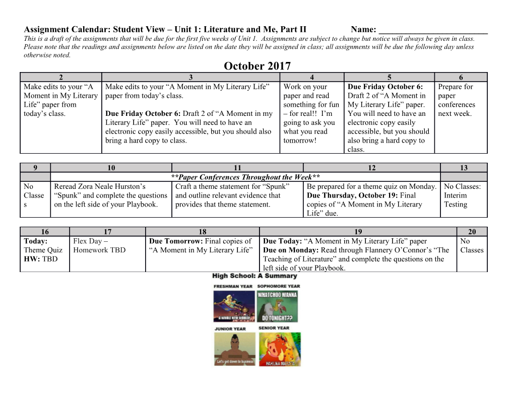 Assignment Calendar: Student View Unit 1: Literature and Me, Part II Name: ______