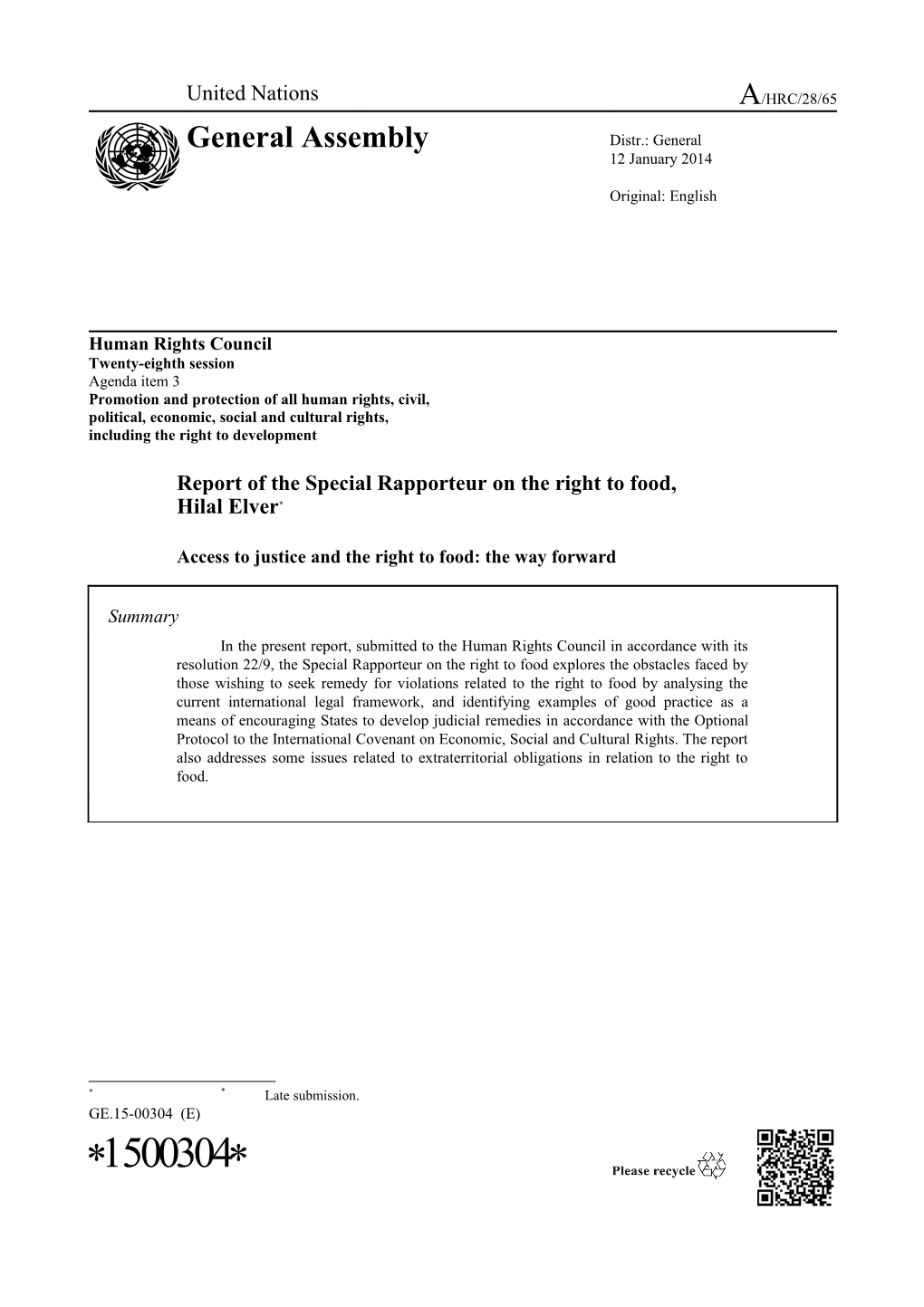 Report Of The Special Rapporteur On The Right To Food In English