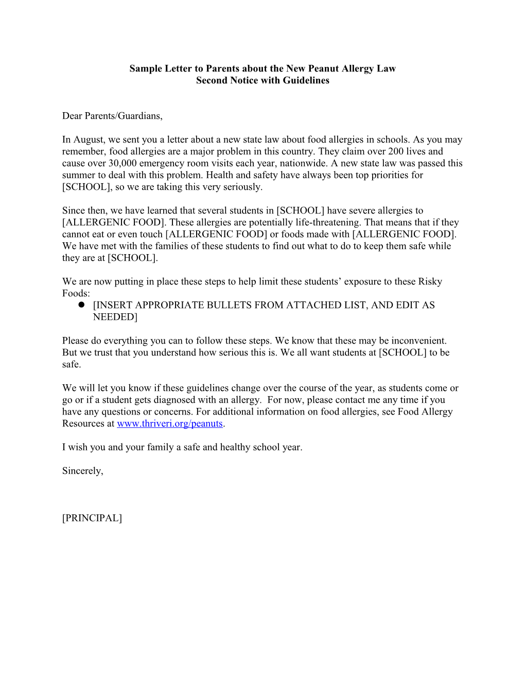 Sample Letter to Parents About the New Peanut Allergy Law