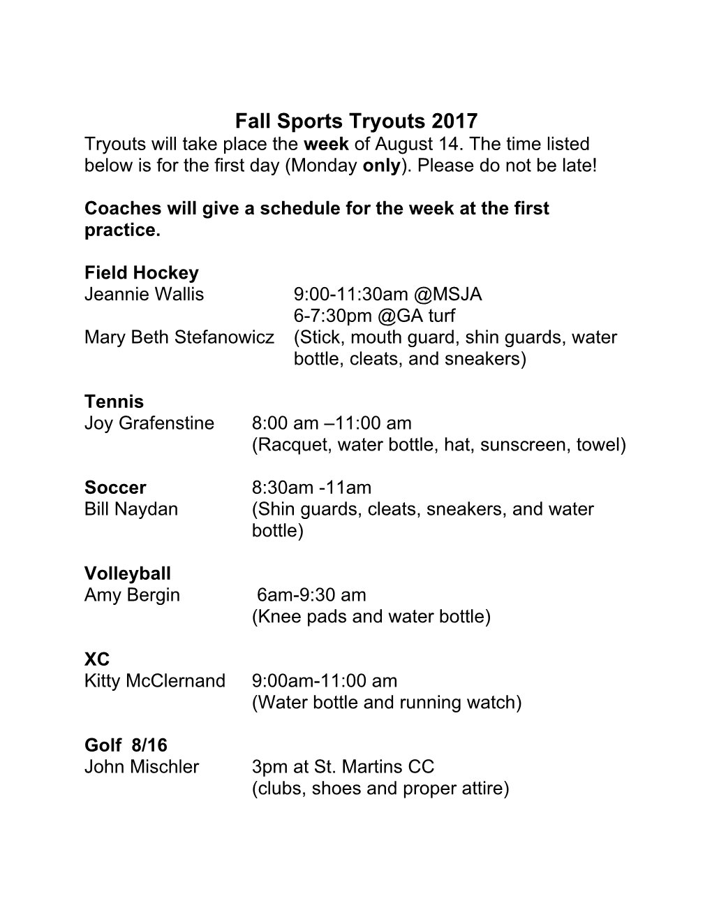 Fall Sports Tryouts