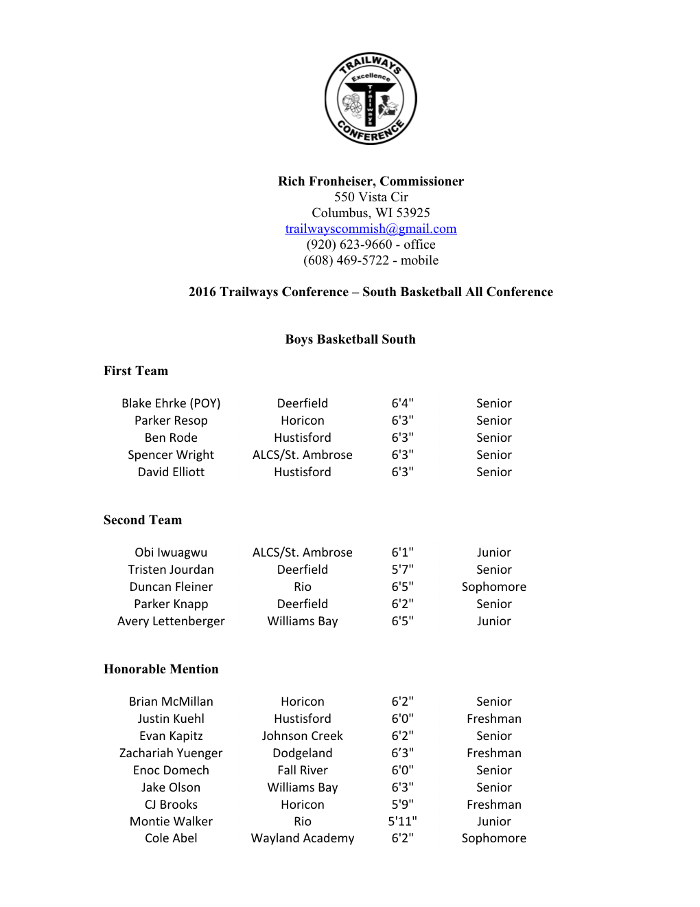 2016 Trailways Conference South Basketball All Conference