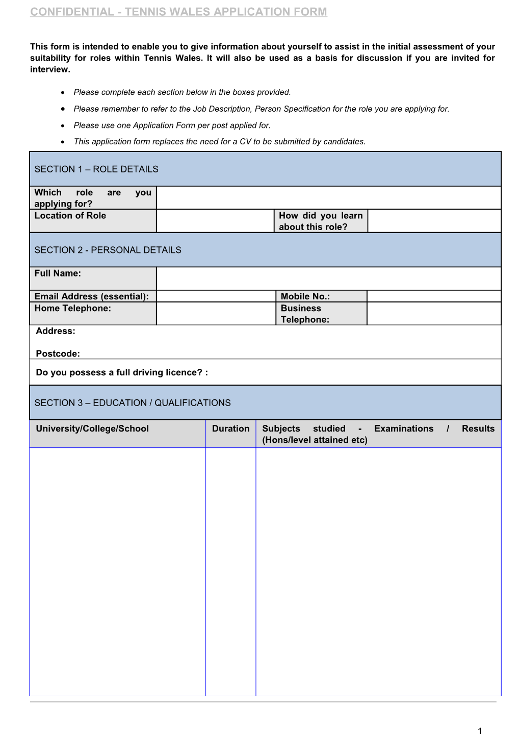 Confidential - Tennis Wales Application Form