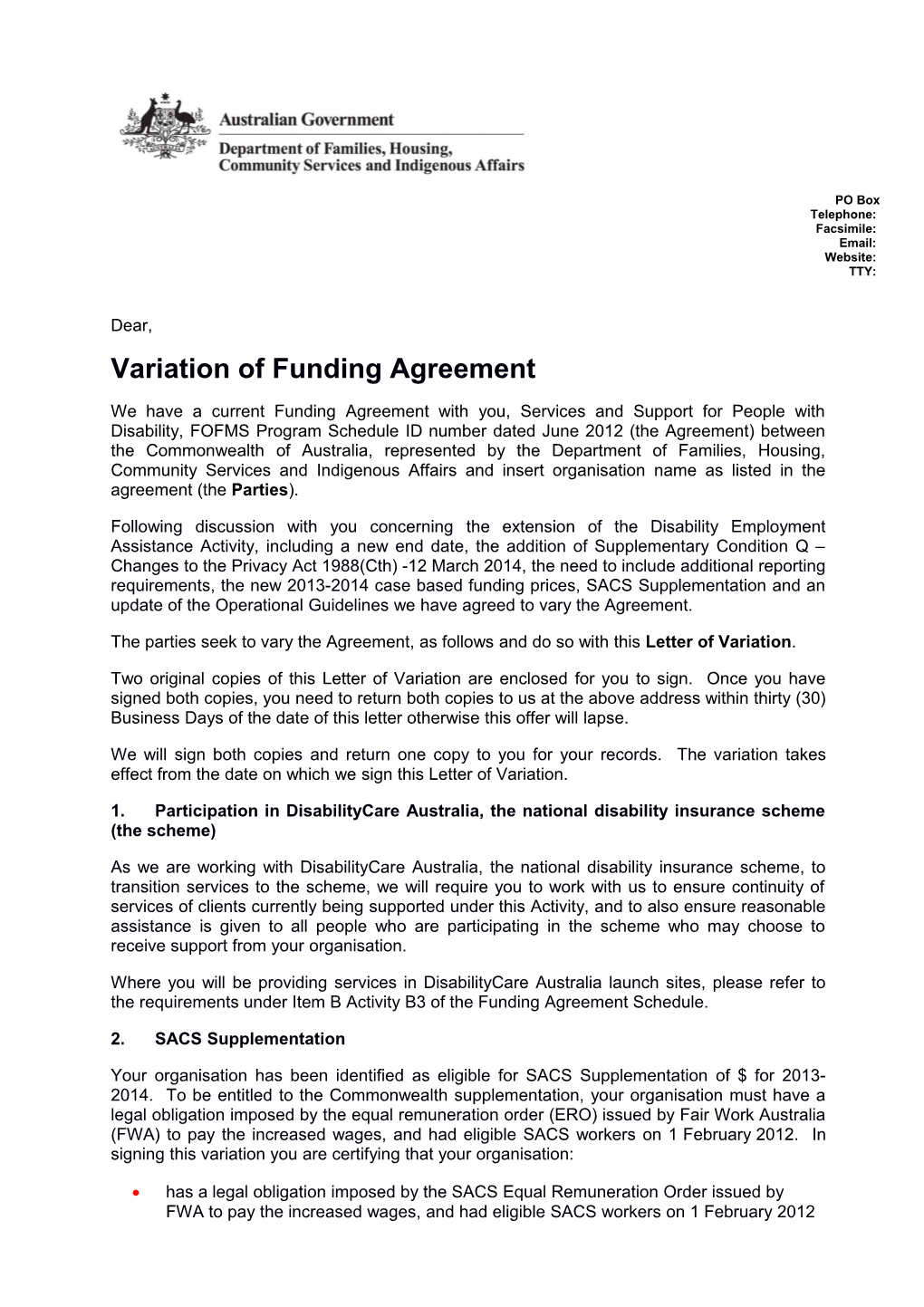 Variation of Funding Agreement Letter Sample