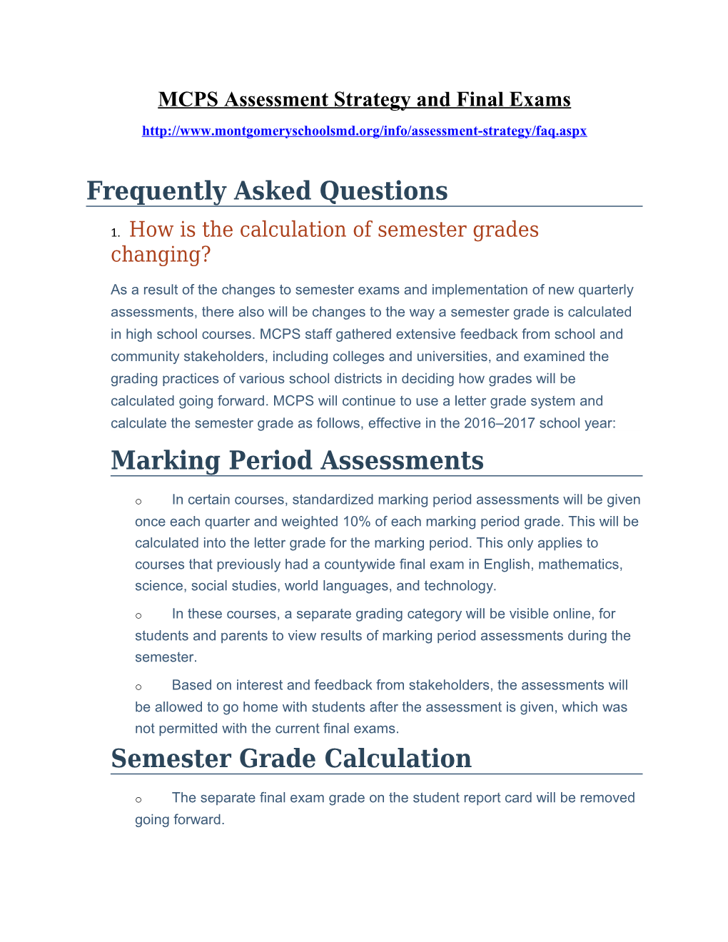 MCPS Assessment Strategy and Final Exams