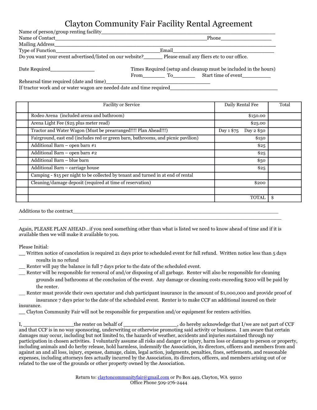 Clayton Community Fair Facility Rental Agreement