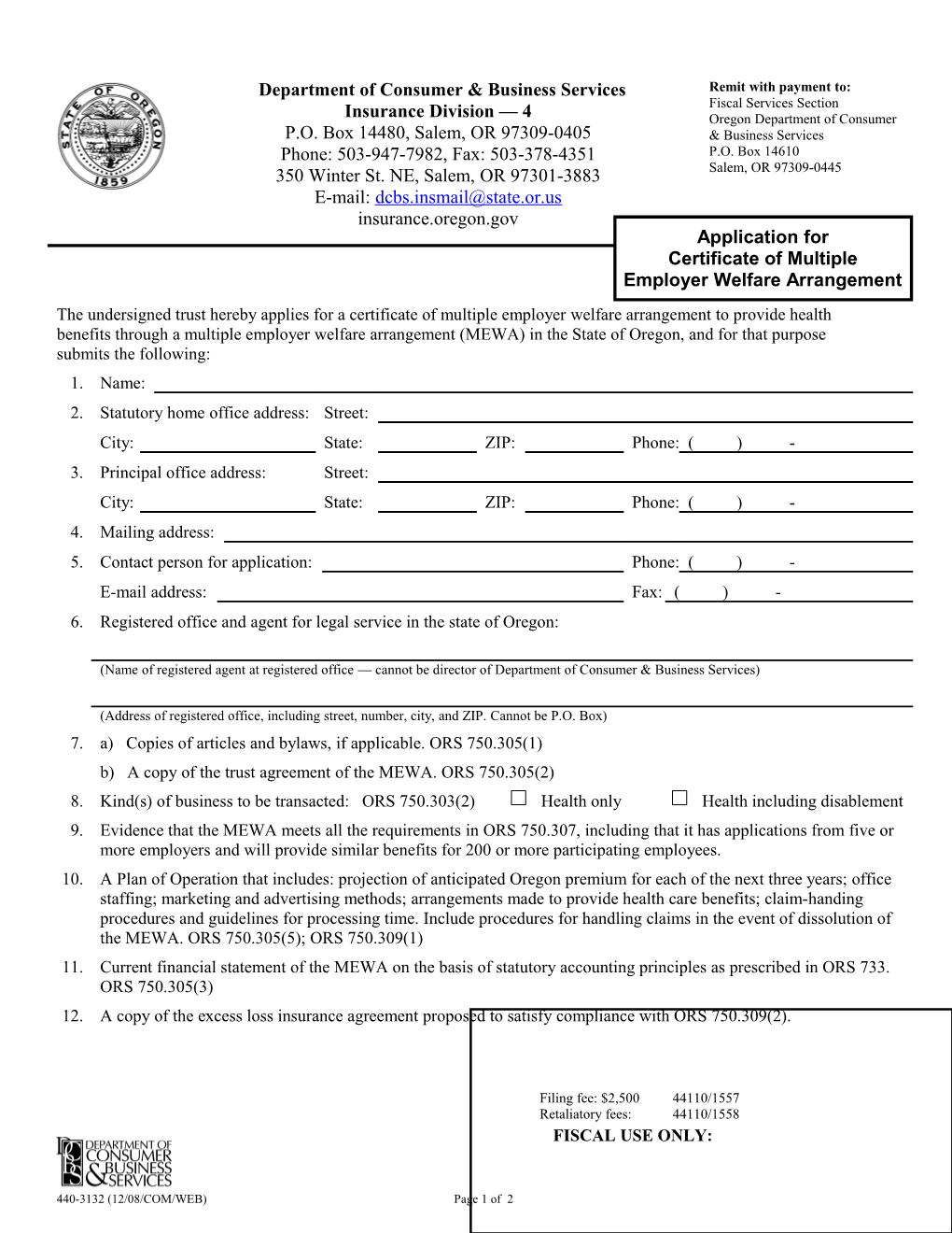 Certificate of Multiple Employer Welfare Arrangement Application