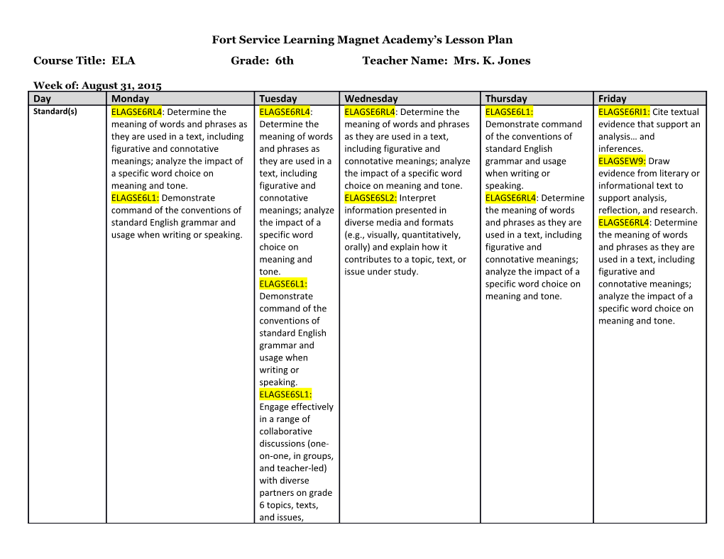 Fort Service Learning Magnet Academy S Lesson Plan