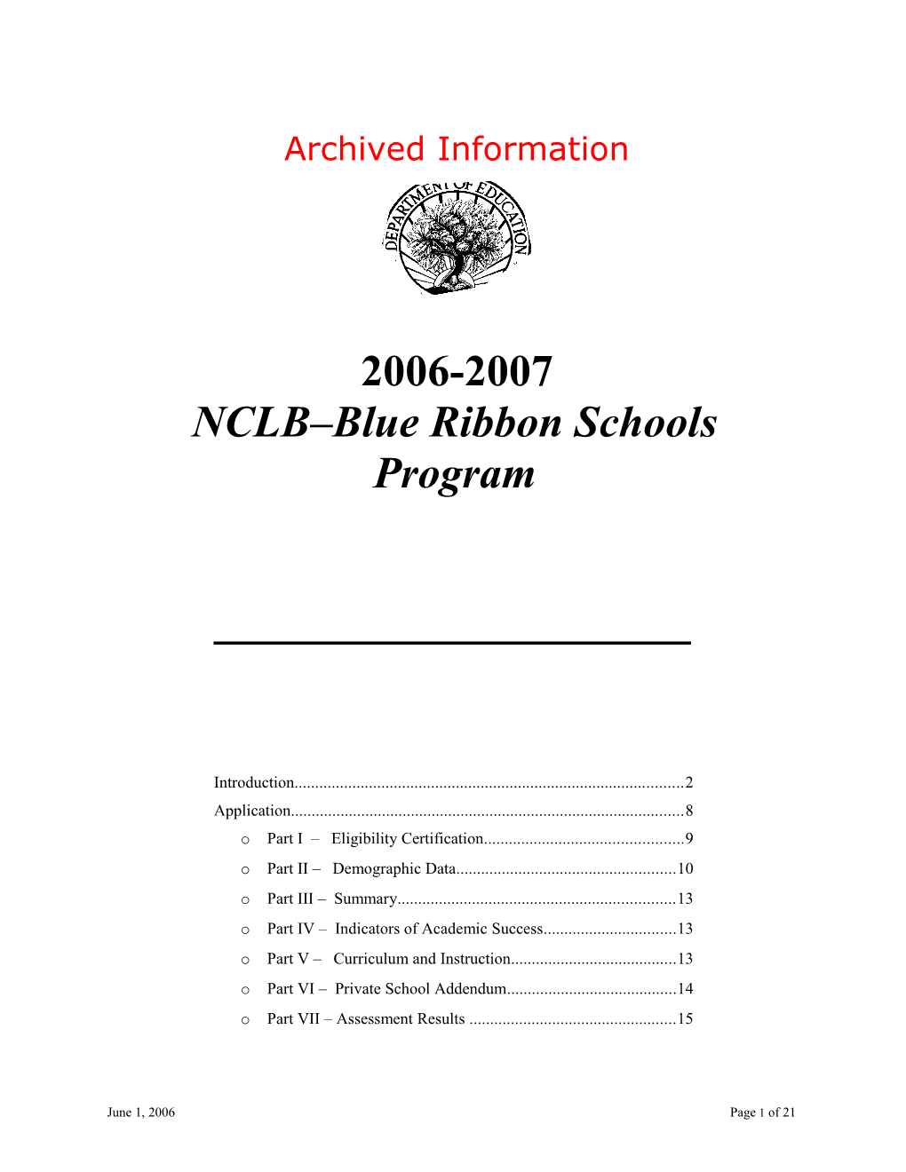 Archived: Application: 2006-2007, No Child Left Behind - Blue Ribbon Schools Program (Msword)