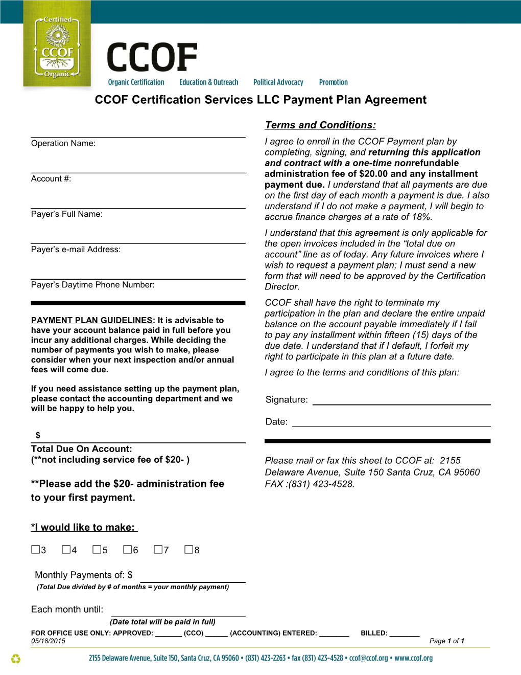 CCOF Certification Services LLC Payment Plan Agreement