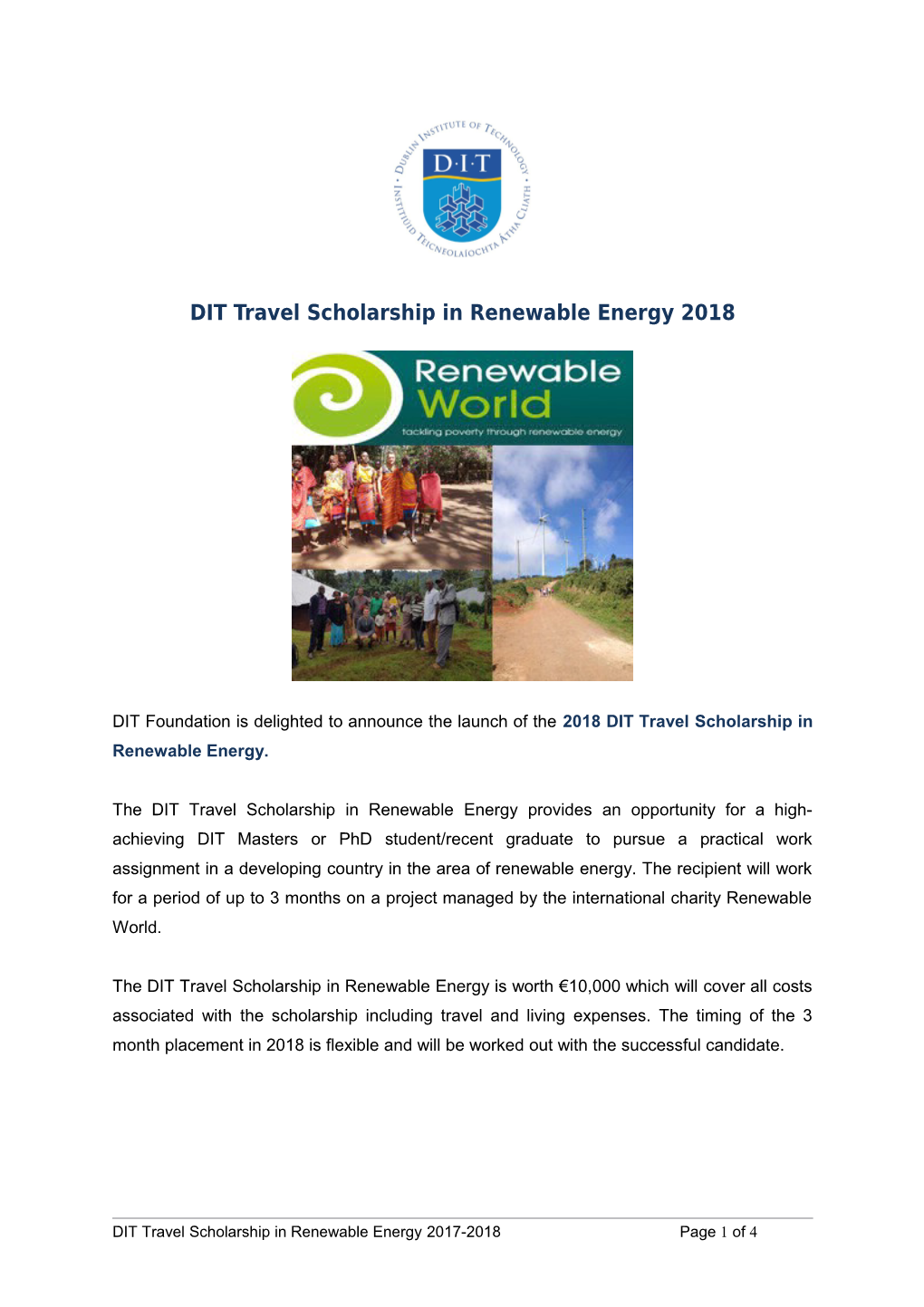 DIT Travel Scholarship in Renewable Energy2018