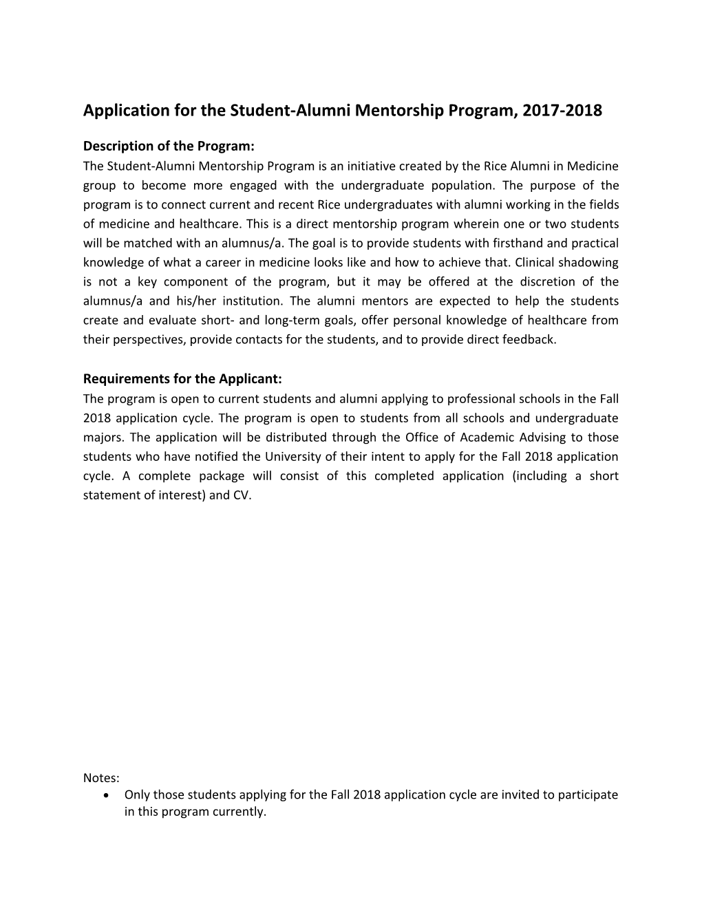 Application for the Student-Alumni Mentorship Program, 2017-2018