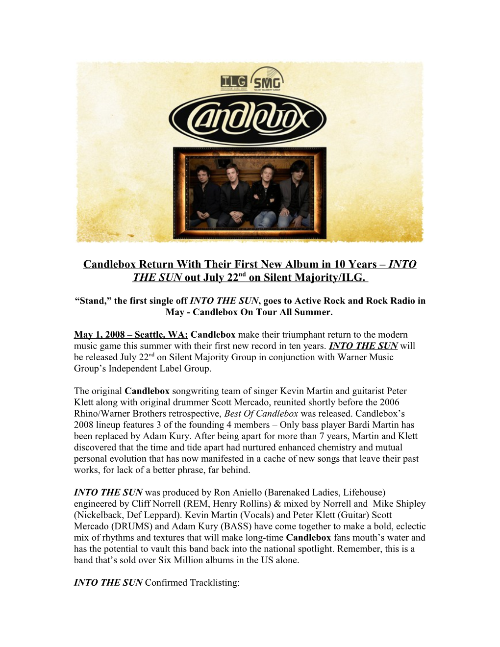 Candlebox Return with Their First New Album in 10 Years INTO the SUN out July 22Nd on Silent