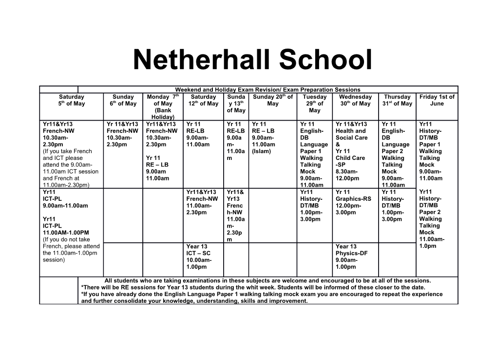 Weekend and Holiday Exam Revision and Exampreparation Sessions